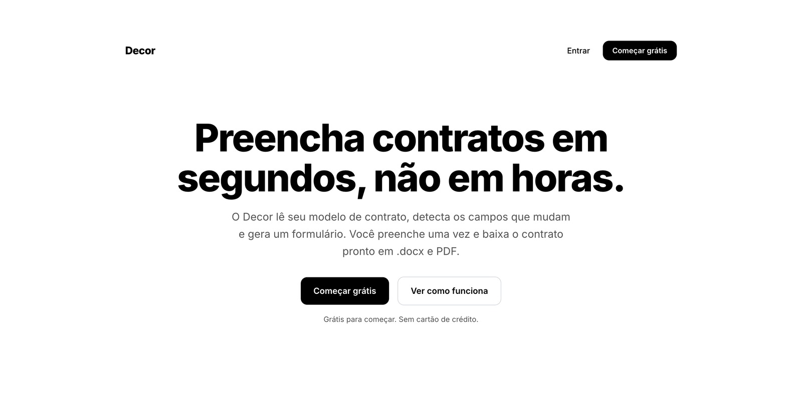 Página inicial da Decor, com a chamada sobre preencher contratos em segundos.