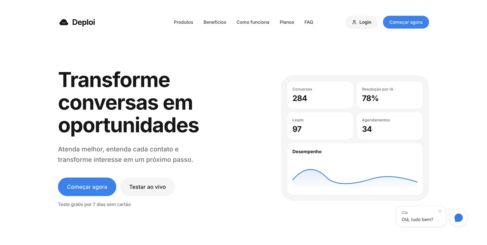 Página inicial da Deploi, com o painel de métricas de atendimento.